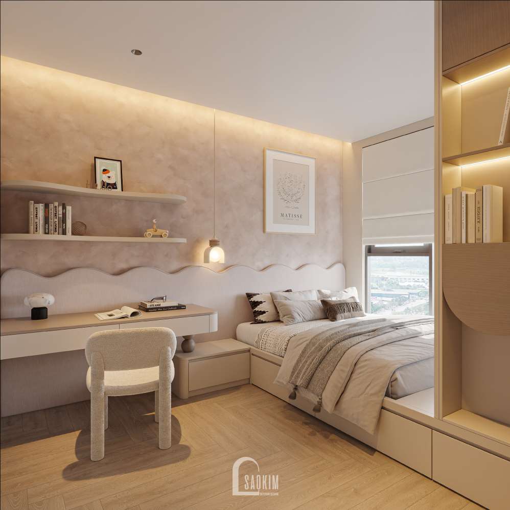 Thiết kế phòng ngủ cho bé gái căn hộ Viha Complex Leciva với gam màu hồng pastel và màu be